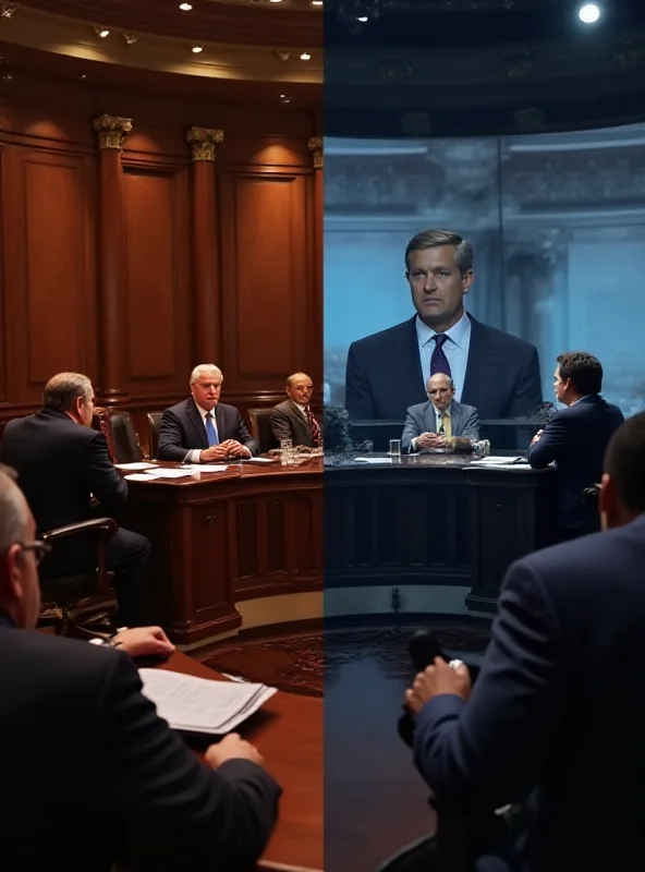 A split image showing a courtroom scene on one side and a news studio on the other, representing the legal and media aspects of the various political stories.