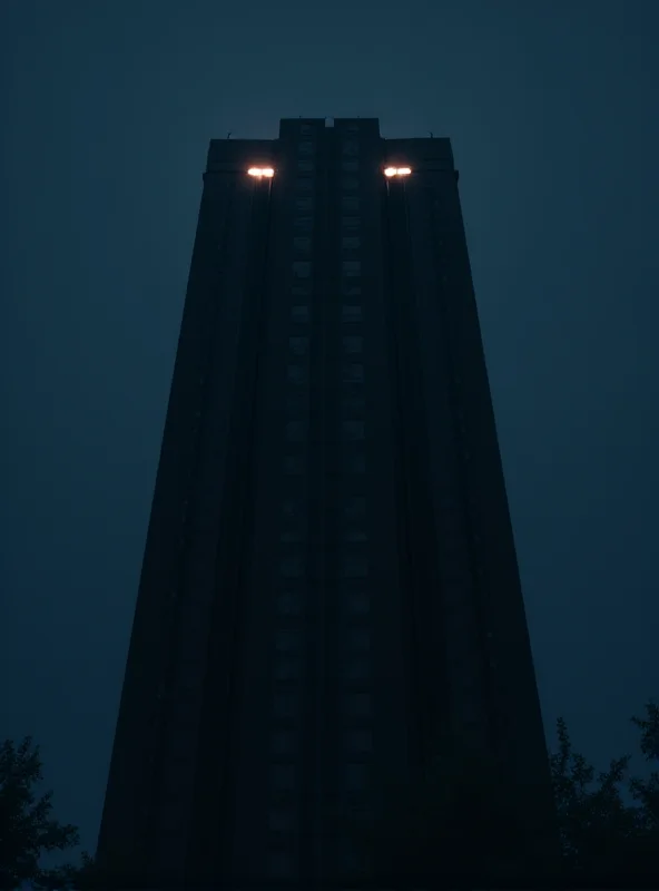 A stylized image of the Lumon building from the TV show Severance, with a slightly ominous glow.