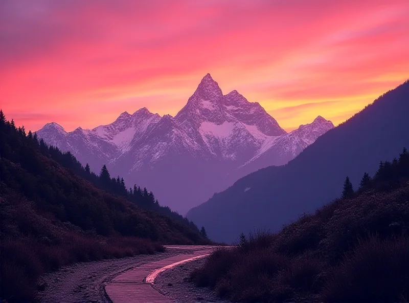 Panoramic photograph of a mountain range at sunset with snow-capped peaks and a winding path in the foreground.