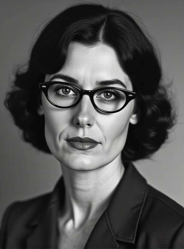 A vintage portrait of Mary McCarthy, a woman with short dark hair and glasses, looking directly at the camera with a serious expression.