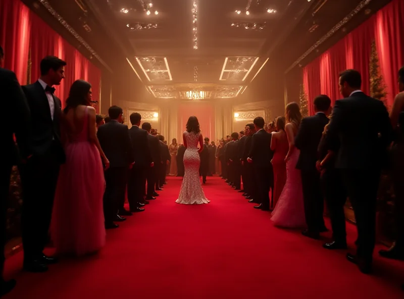 A glamorous red carpet scene at the Oscars, with celebrities in elegant gowns and tuxedos posing for photographers against a backdrop of flashing lights.