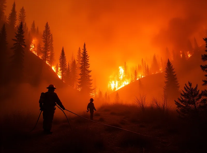 A depiction of a forest fire raging in a mountainous region, with firefighters battling the flames.