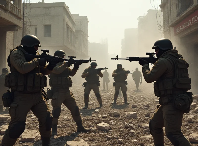 A depiction of violent clashes in a war-torn city, with armed groups engaged in combat amidst rubble and destruction.