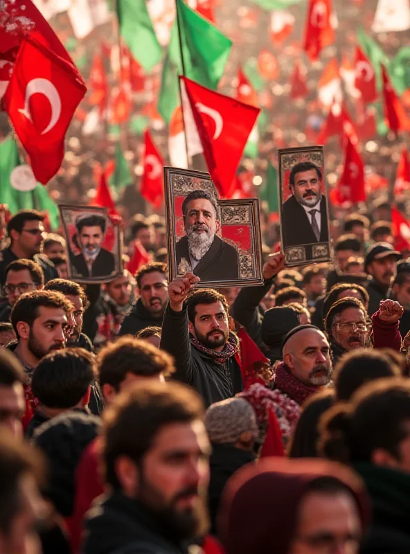 A crowd of Kurdish supporters holding flags and portraits of Abdullah Öcalan.