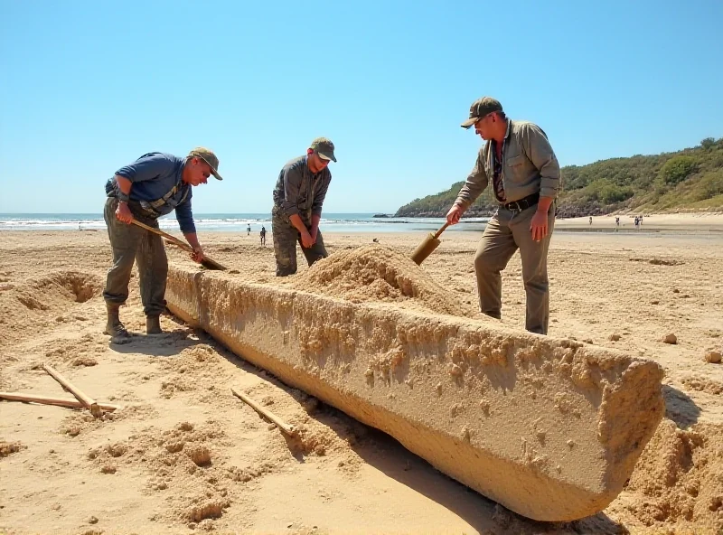 Archaeologists carefully excavating the remains of a carved wooden canoe (waka) on a beach in the Chatham Islands, New Zealand.