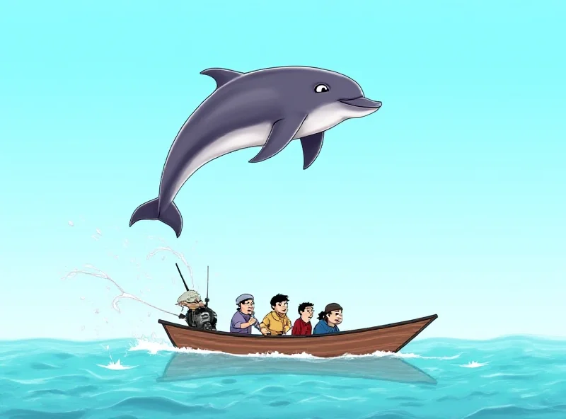 Cartoon illustration of a large dolphin mid-air, about to land on a small fishing boat with three surprised fishermen onboard.