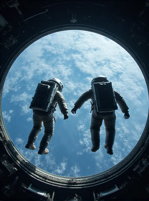 Image of NASA astronauts floating in the International Space Station, looking out a window at Earth.