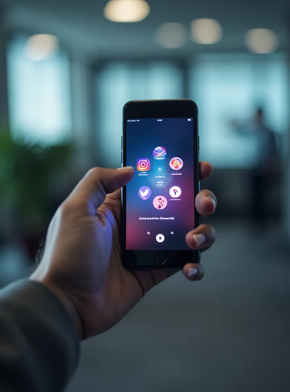 A person's hand reaching for a smartphone displaying various social media icons.