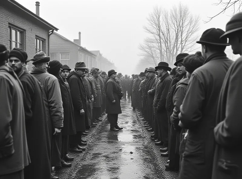 A black and white photograph depicting a breadline during the Great Depression.