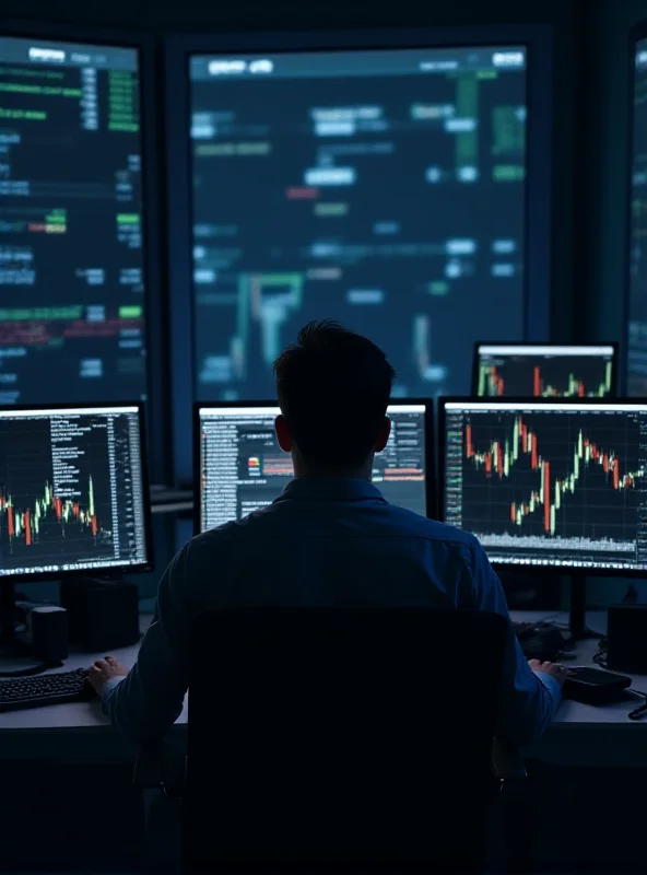 A person looking at stock charts on a computer screen with multiple monitors in a modern office setting.