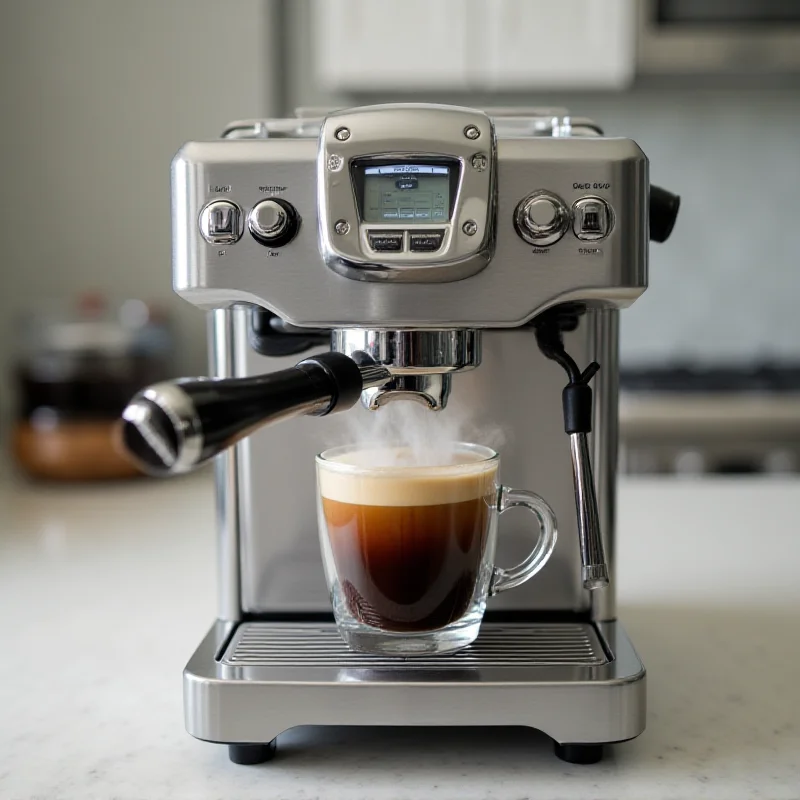 Close-up of a Breville espresso machine in operation, with steam rising and a cup of espresso being brewed.