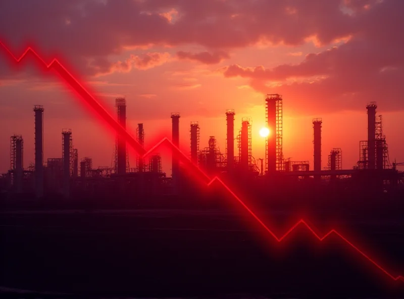 Oil refinery at sunset, with a visible drop in the price of crude oil shown on a graph overlayed.