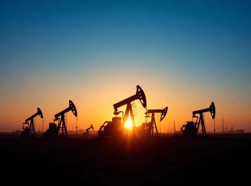 Oil derricks pumping oil in a vast oil field under a clear blue sky.