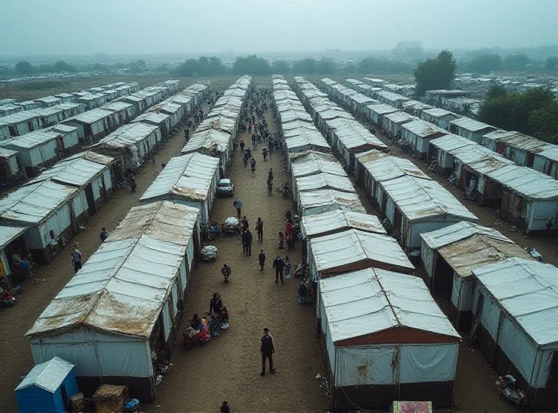 An aerial view of temporary shelters set up to house migrants and local families, showing rows of tents and mobile homes with people walking around.