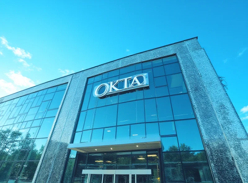 A modern office building with the Okta logo subtly displayed.