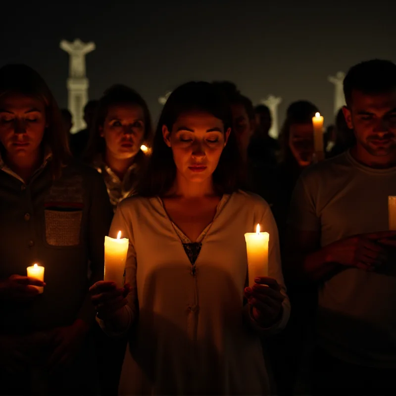 A group of people attending a Holocaust memorial ceremony, holding candles and observing a moment of silence.