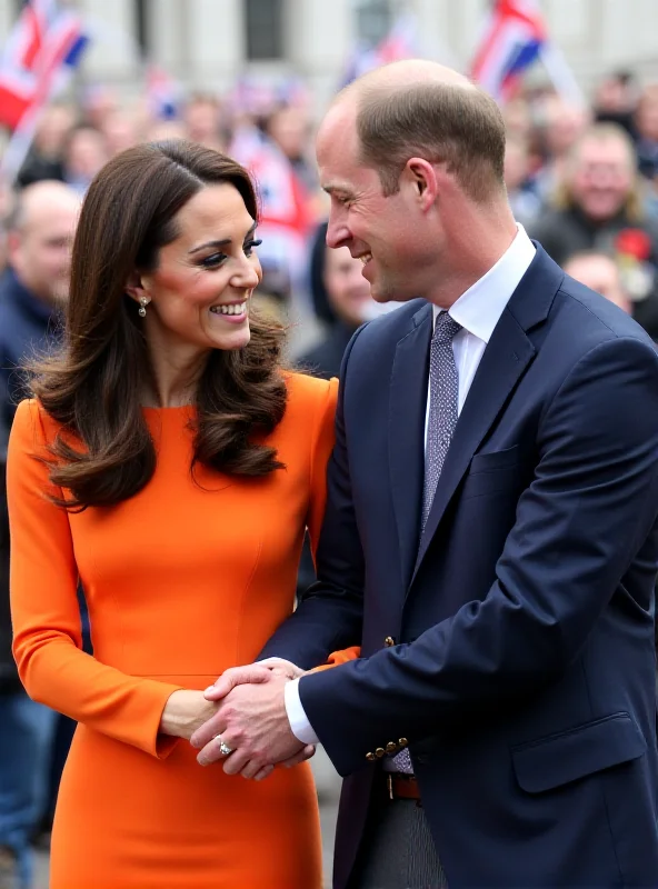 Prince William and Kate Middleton holding hands and smiling at a public event