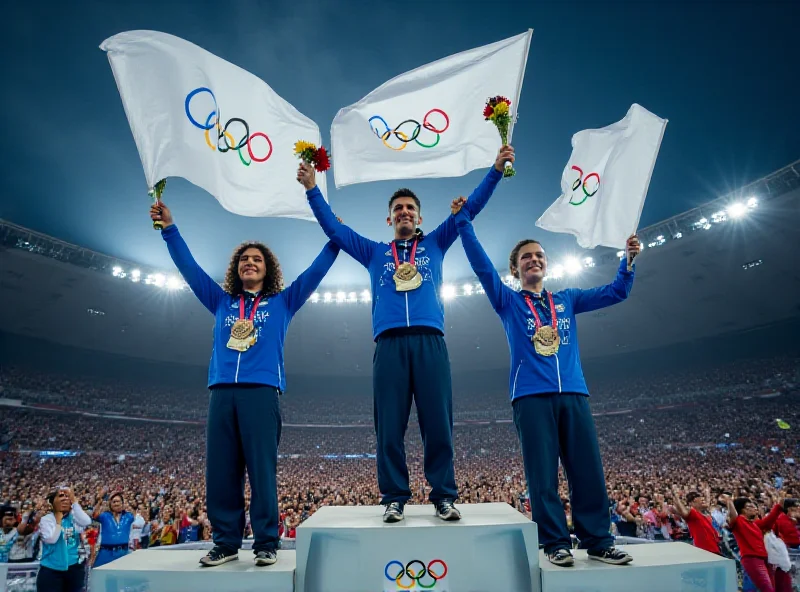 A group of athletes standing on an Olympic podium, some with neutral flags.