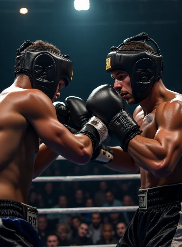 Two boxers in a boxing ring during a match, surrounded by spectators.