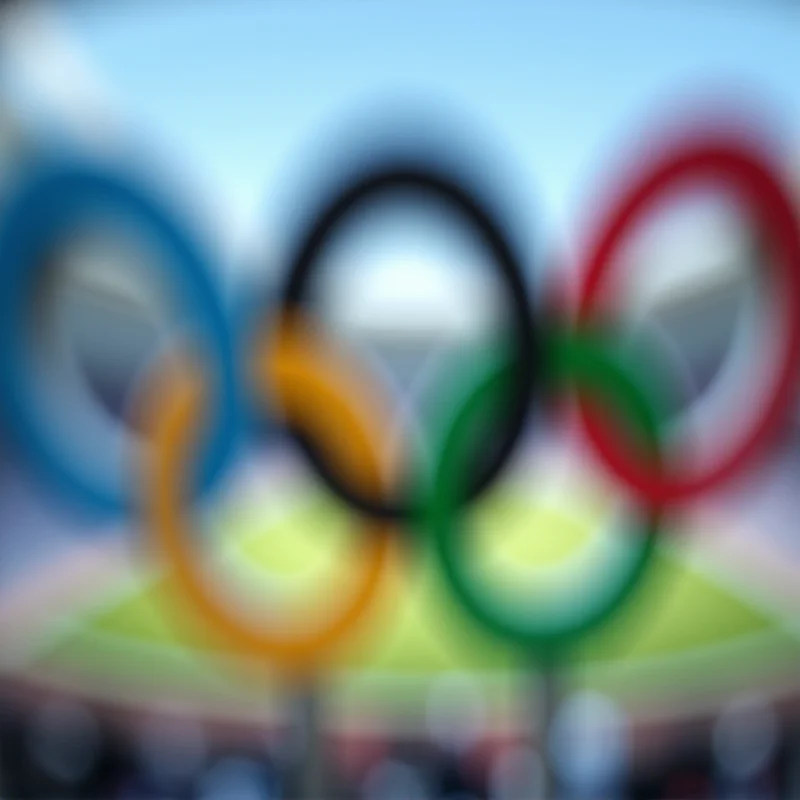 The Olympic rings logo with a blurred background of a stadium.