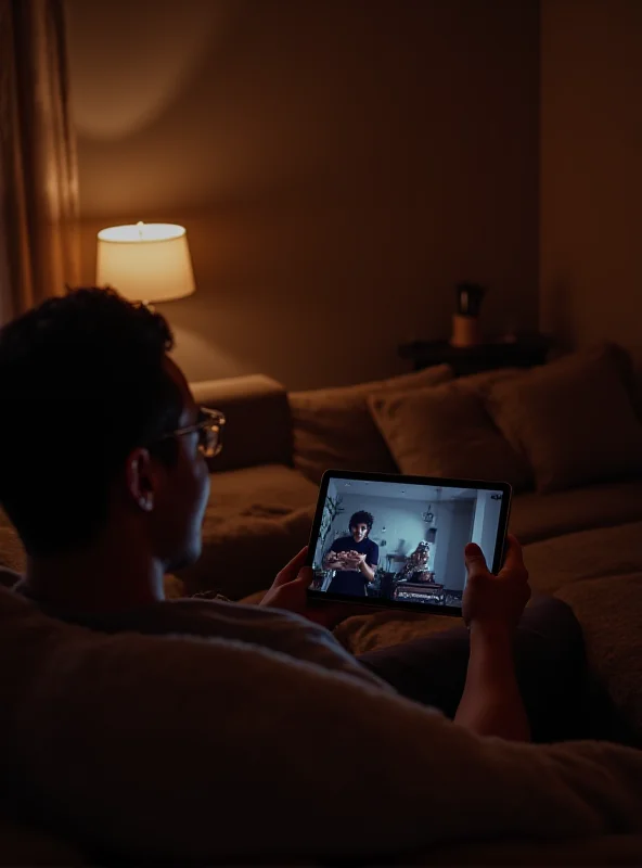 A person relaxing on a couch, holding a OnePlus Pad 2 and watching a movie. The scene is cozy and inviting, highlighting the tablet's suitability for entertainment.