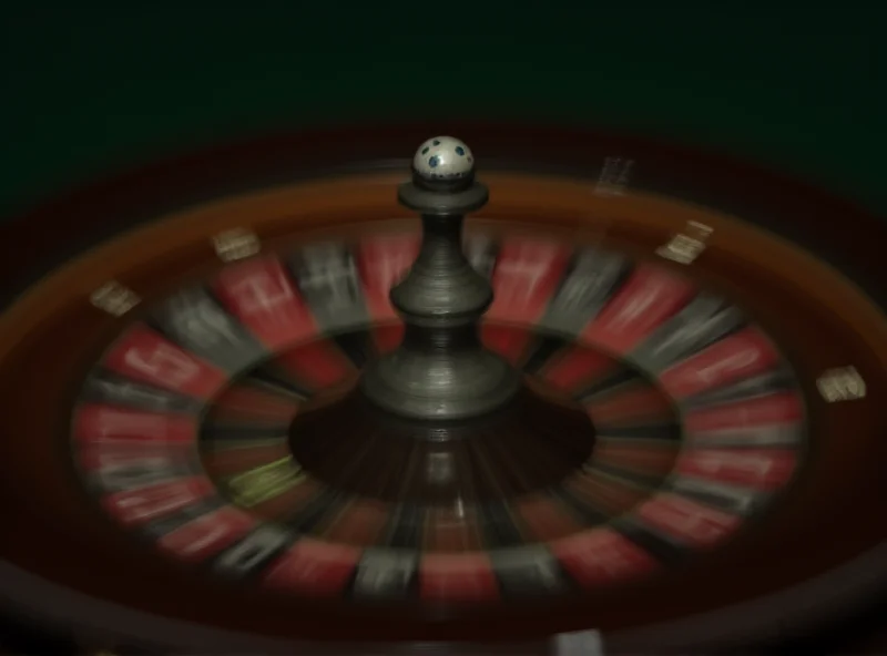 A close-up of a roulette wheel spinning with blurred numbers and a silver ball about to land on a number, creating a sense of anticipation and excitement. The wheel is set against a dark green felt background. Focus on the spinning wheel and the ball, highlighting the randomness and unpredictability of the game.