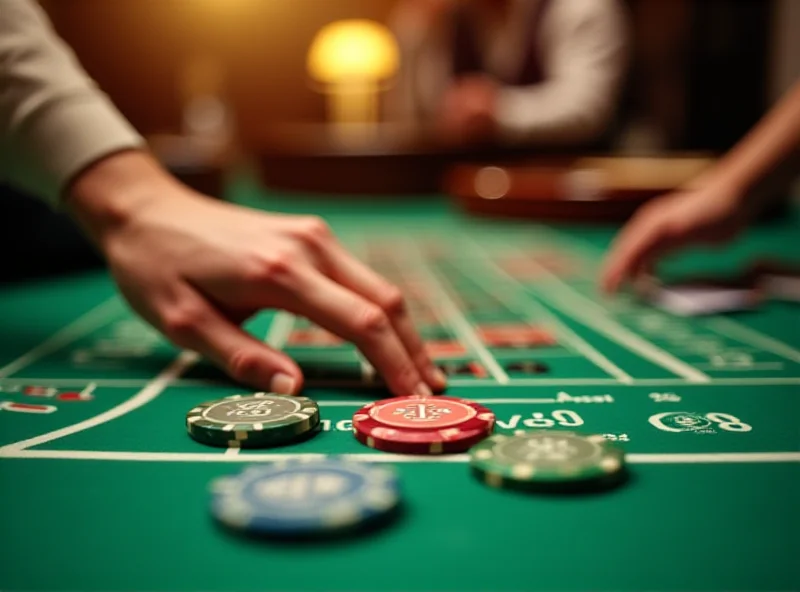 A person's hands placing casino chips of varying colors on a roulette table, focusing on the chips and the numbered grid. The background shows a blurred roulette wheel and other players, conveying the atmosphere of a casino. The lighting is warm and inviting, highlighting the colors of the chips and the green felt of the table.