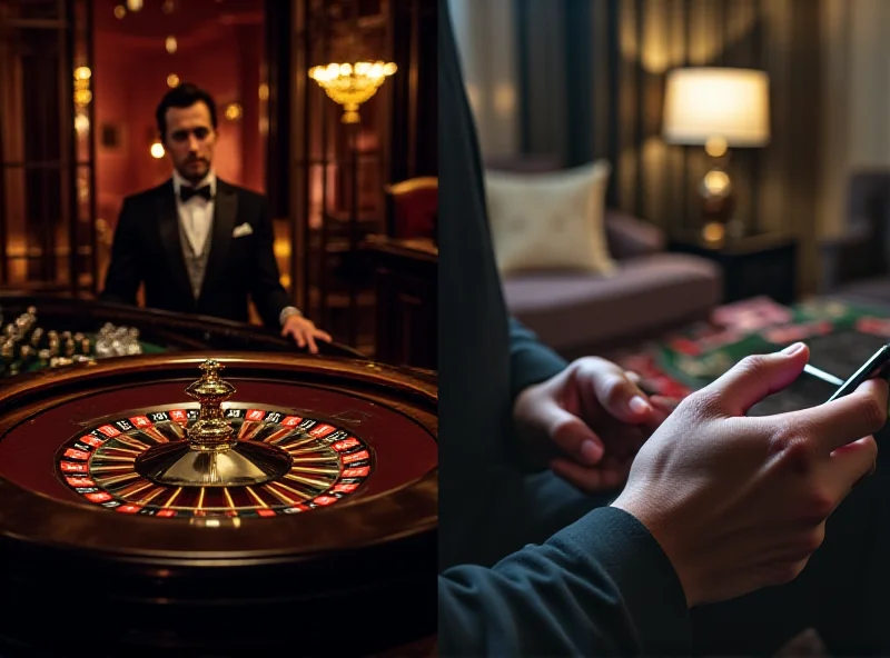 A split-screen image. On the left, a glamorous casino interior with a roulette table and elegantly dressed players. On the right, a person playing online roulette on their smartphone, comfortably seated in a modern living room. The image contrasts the traditional casino experience with the convenience of online gaming.