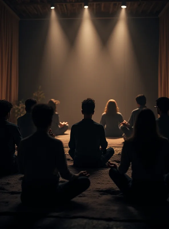 A group of tech executives sitting in a circle in a dimly lit room, with soft lighting and calming decor, participating in a guided meditation session.