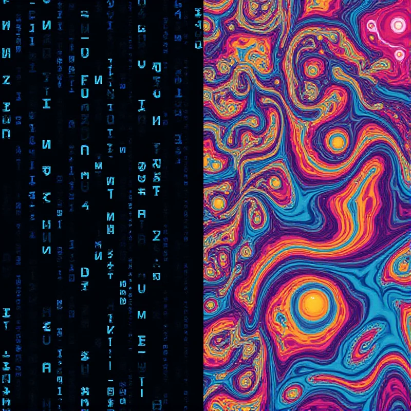 A split image. On the left, a binary code background representing AI and GPT-4.5. On the right, a swirling psychedelic pattern representing the ketamine-fueled slumber parties.