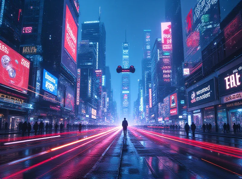 A futuristic cityscape with holographic advertisements and AI-generated content displayed on buildings, symbolizing the future of advertising and media.