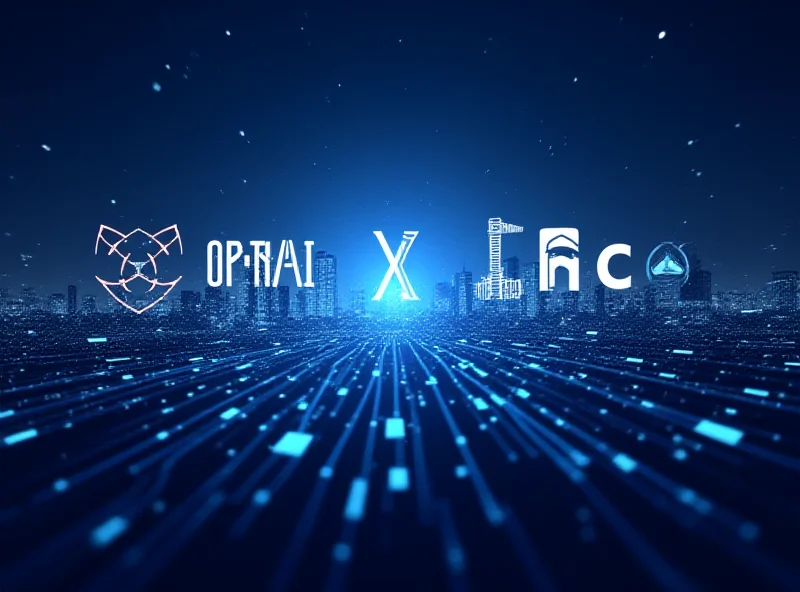 Illustration of OpenAI and TSMC logos linked by a circuit board pattern.
