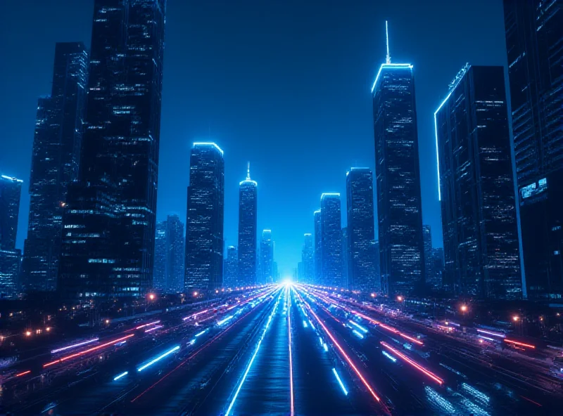 A futuristic cityscape with glowing lines representing AI networks.