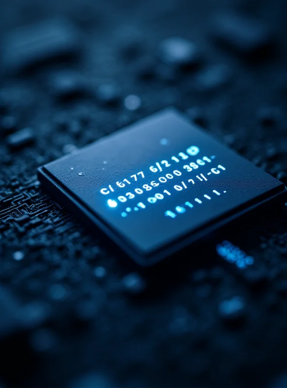 A close-up of a computer chip with binary code flowing across it, symbolizing AI processing.