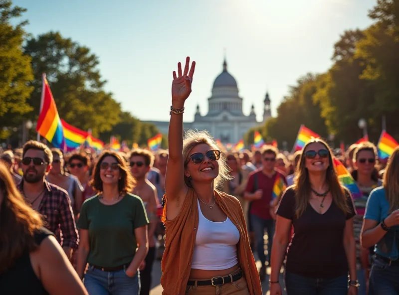 A large crowd of people marching with rainbow flags and banners during a pride parade in Budapest, Hungary. The Hungarian Parliament building is visible in the background.