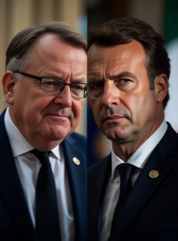 A split image showing Viktor Orbán on the left and Emmanuel Macron on the right. They are both in formal attire and look serious. The flags of Hungary and France are blurred in the background.