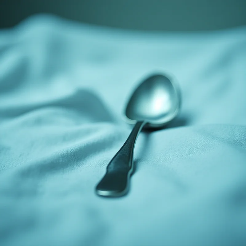 A close-up, slightly blurred image of a metal spoon lying on a white hospital bed sheet. The lighting is soft and diffused, and the focus is on the spoon's texture and shape.