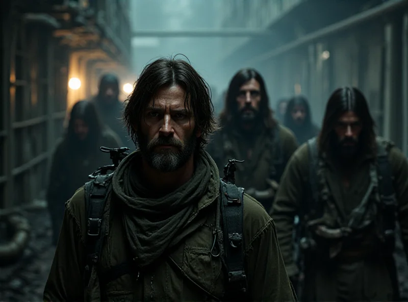 A dramatic scene from Andor Season 2, featuring Cassian Andor leading a group of rebels in a dimly lit, industrial setting.