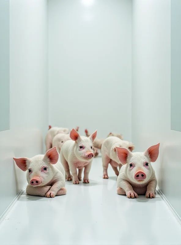 A stark and provocative art installation featuring several emaciated piglets in a sterile, white enclosure.