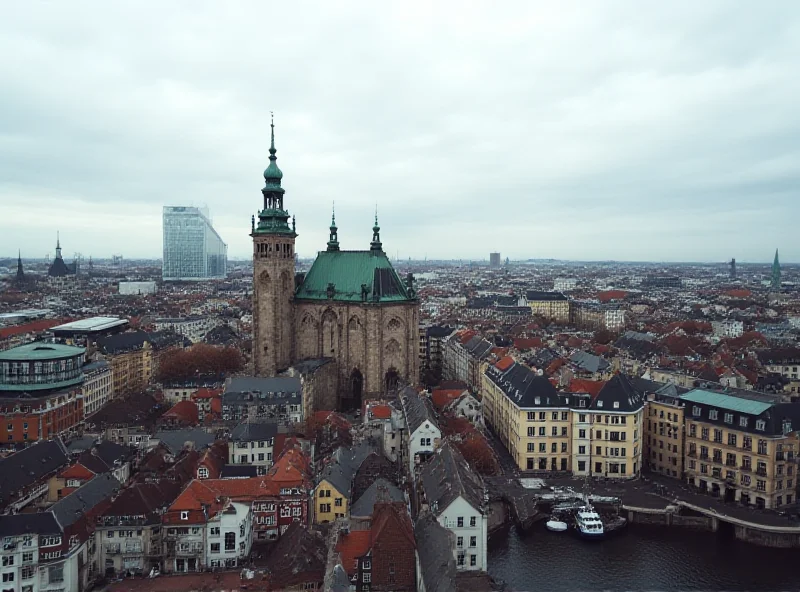 Wide shot of Copenhagen showing both modern architecture and historic buildings, with a cloudy sky overhead.