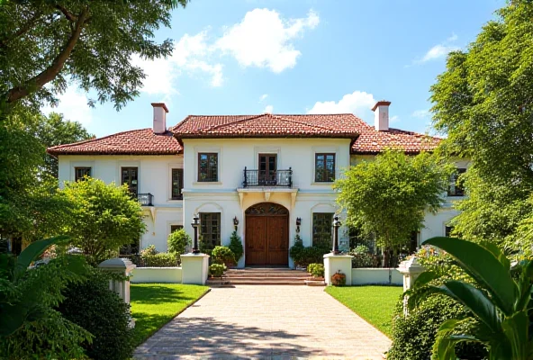 Exterior of a large house with lush vegetation