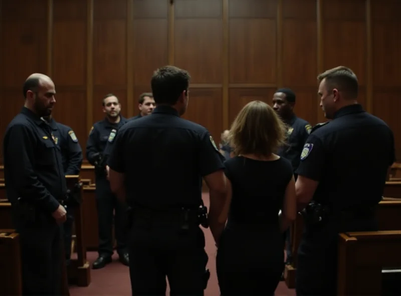 A courtroom scene with a person being escorted by police