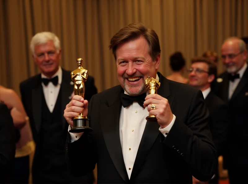 John Shearer capturing Conan O'Brien backstage at the Oscars, playfully posing with a golden Oscar statue.