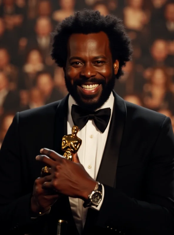 Jamie Foxx holding his Oscar award for Best Actor. He is smiling broadly, with a humble and grateful expression.