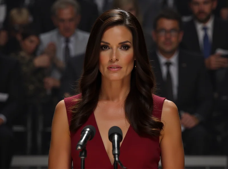 Gal Gadot giving a speech, looking directly at the camera with a serious and determined expression. She is dressed elegantly and standing at a podium with microphones.