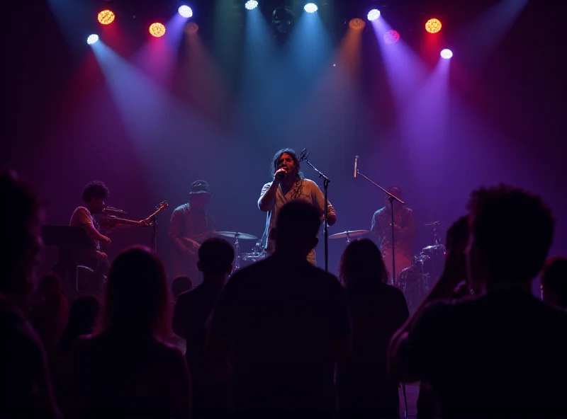 Marcelo Rubens Paiva performing on stage with the band Lost in Translation. The stage is dimly lit with colorful spotlights. The band members are playing their instruments with energy.