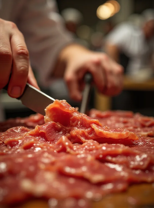 Close-up shot of a chef slicing Iberian ham at an event.