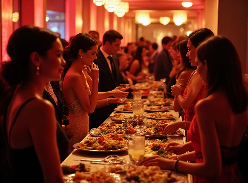 Guests enjoying the Oscar after-party with food and drinks.