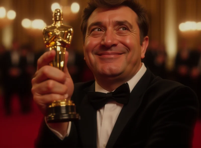 Kieran Culkin holding his Oscar award, smiling broadly, with a red carpet background.