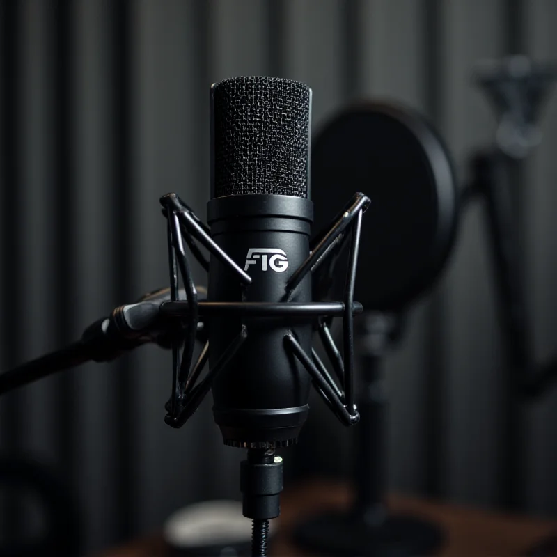 A microphone with the Vertigo Podcast logo on it, set against a blurred background of recording equipment.